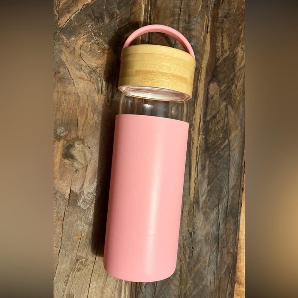 Silicone Sleeve Glass Tumbler, Bamboo Lid and Handle, Pink Water Bottle